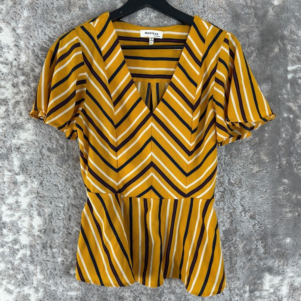 Monteau Size L Striped V Neck Short Sleeve Top Yellow Casual‎ Pullover